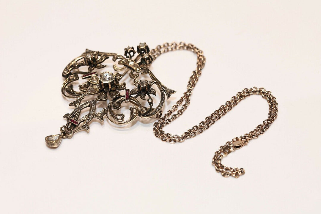 アンティーク オリジナル オスマン朝 8K ゴールド 天然ローズカット ダイヤモンド・ルビー ネックレス