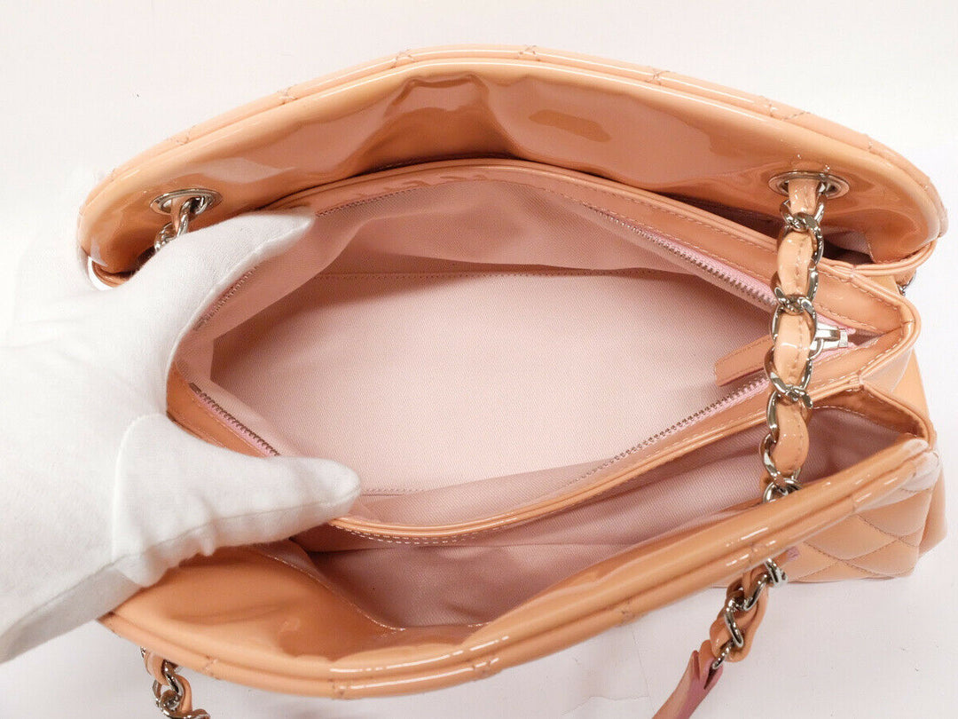 CHANEL Patent Tote Shoulder Bag Beige Pink Silver HW Medium