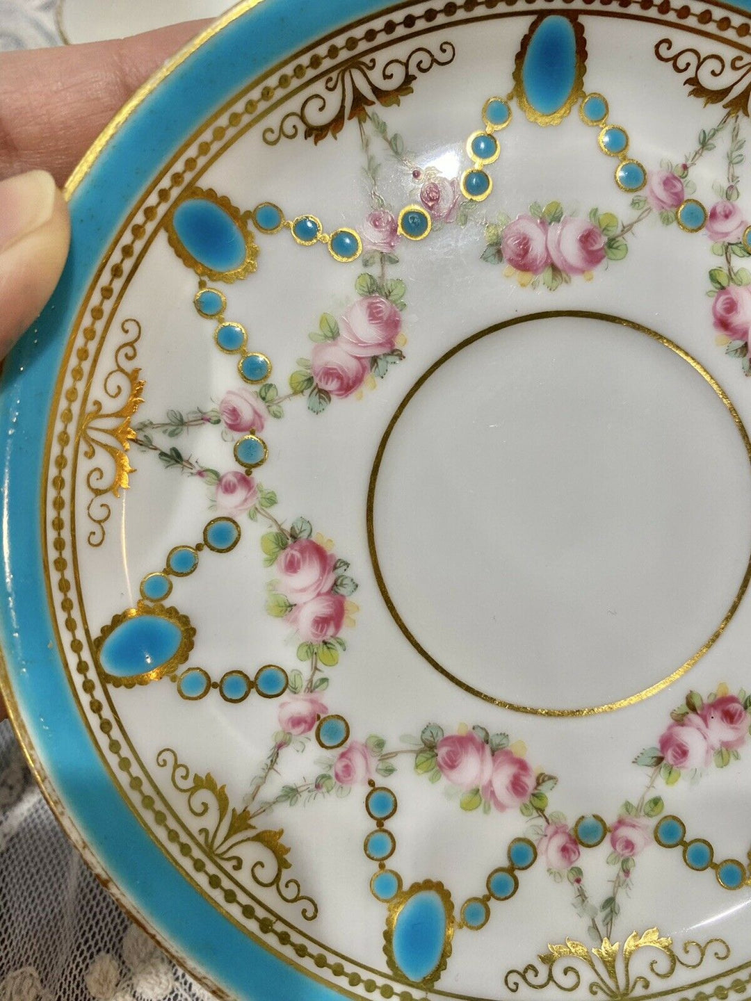 Minton Hand Painted Turquoise Rose Gold Enamel Tea Cup Saucer Set