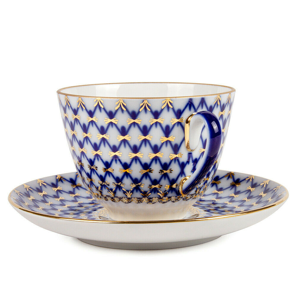 Cobalt Net Porcelain Teacup and Saucer, Imperial Porcelain Russia, 230 ml LFZ