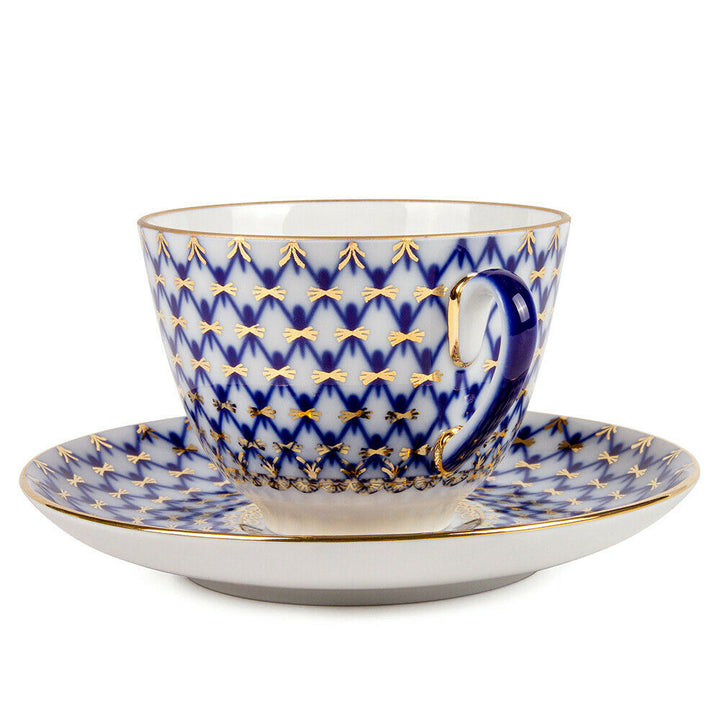 Cobalt Net Porcelain Teacup and Saucer, Imperial Porcelain Russia, 230 ml LFZ