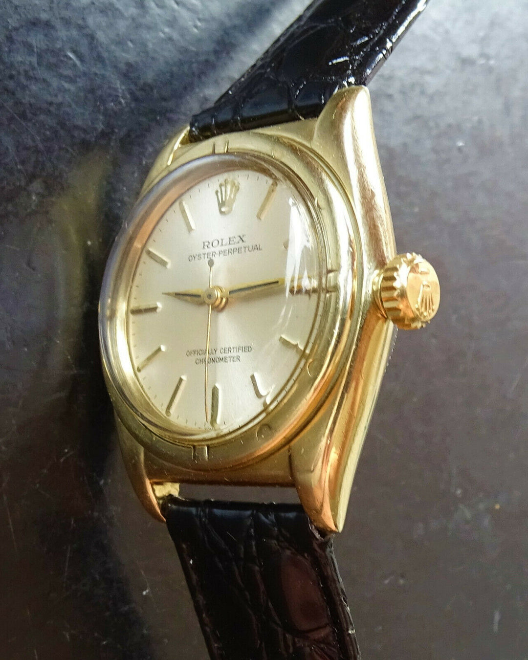 ♛ Rolex Oyster Bubble Back 3725 Gold Plague Automatic Men's Chronometer 1950