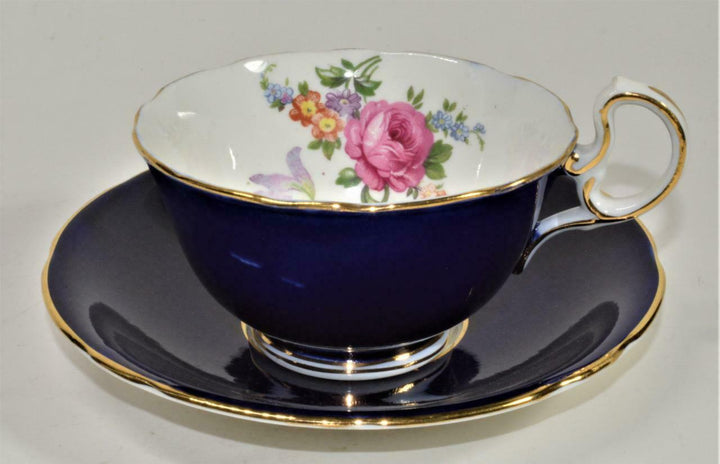 AYNSLEY Bone China England Cobalt Blue FLOWER BOUQUET Inside Set Cup & Saucer