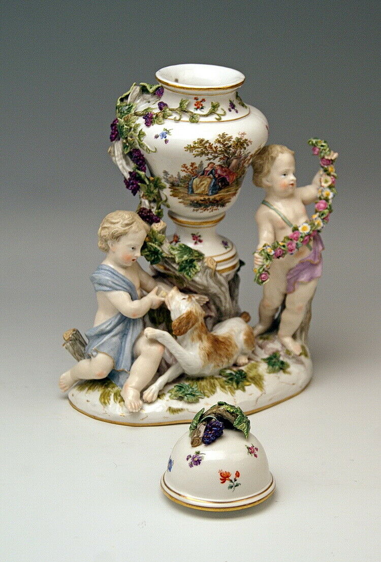 邁森 MEISSEN マイセン FIGUR GRUPPE DECKELVASE URNENFORM 2 PUTTEN MNR: 1009 UM 1830