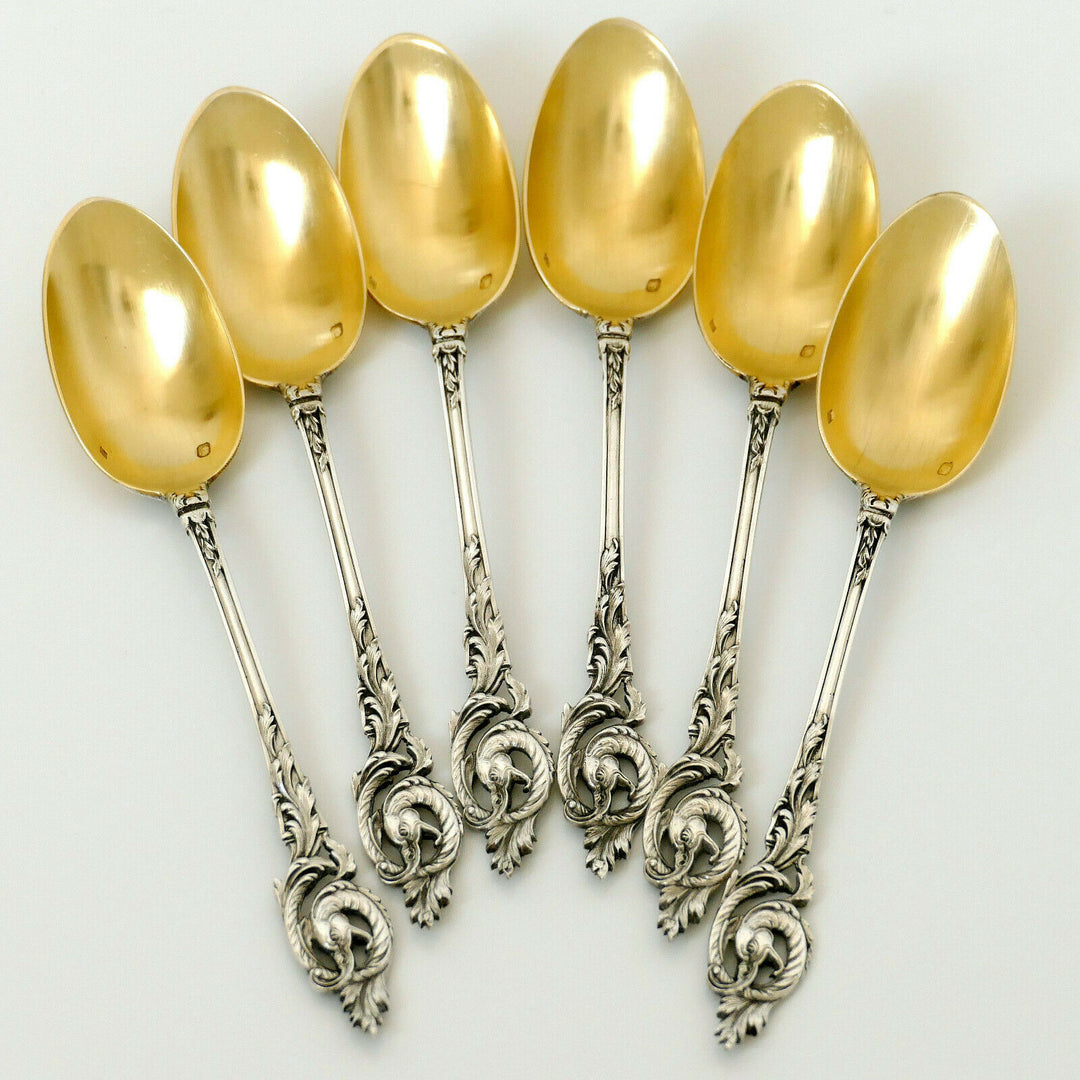 Canaux French Sterling Silver 18k Gold Coffee Dessert Spoons Set, Box, Dragon