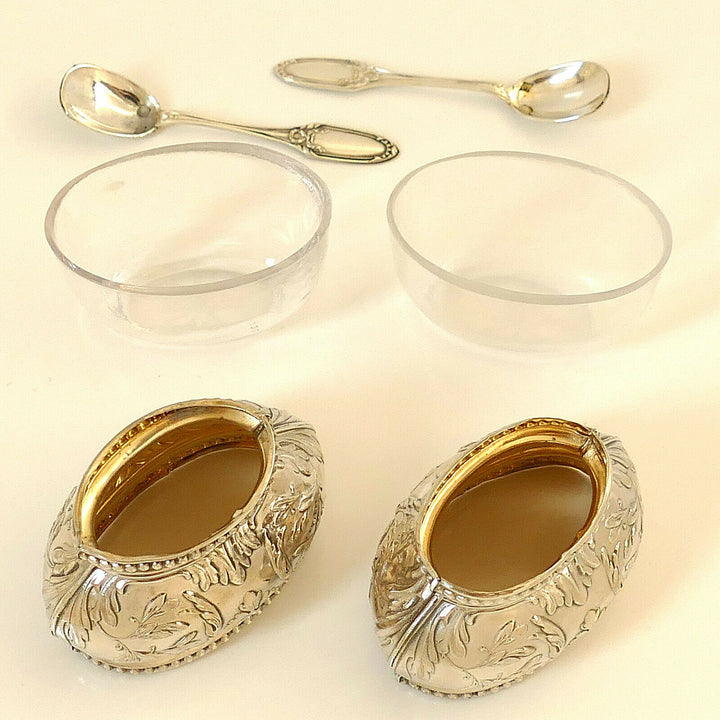 Bezon French Sterling Silver 18k Gold Salt Cellars Pair, Spoons, Original Box