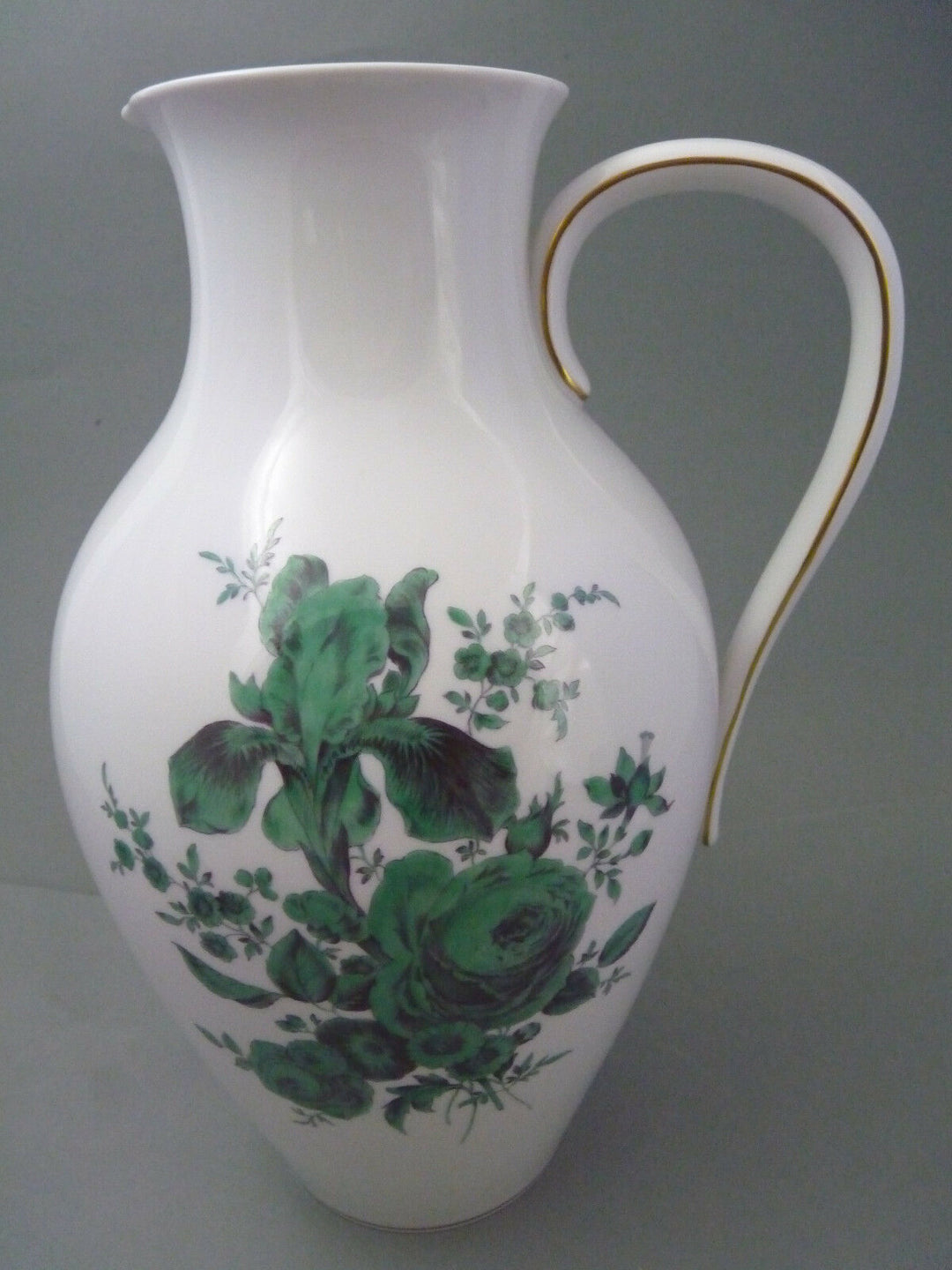 großer Krug + 6 Becher Meissen Blumenbukett grün Wein Saft Wasser Trinkset 7 tlg