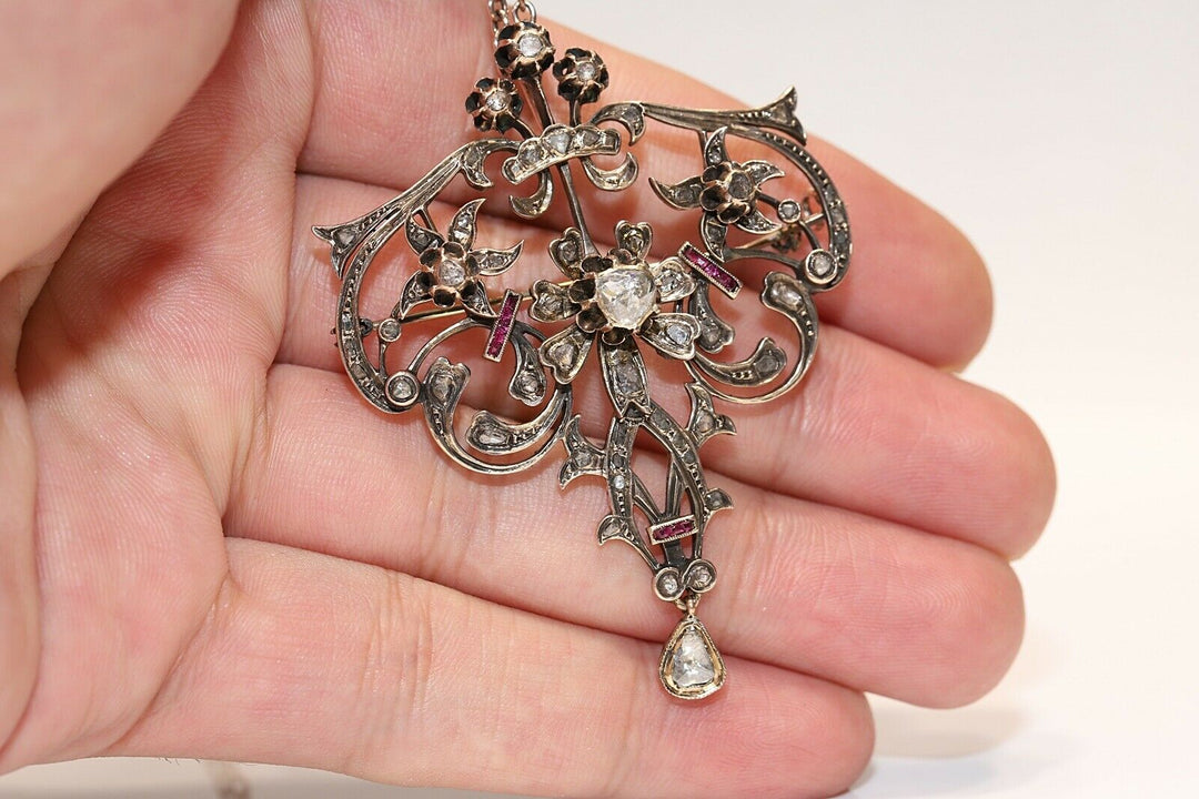 アンティーク オリジナル オスマン朝 8K ゴールド 天然ローズカット ダイヤモンド・ルビー ネックレス