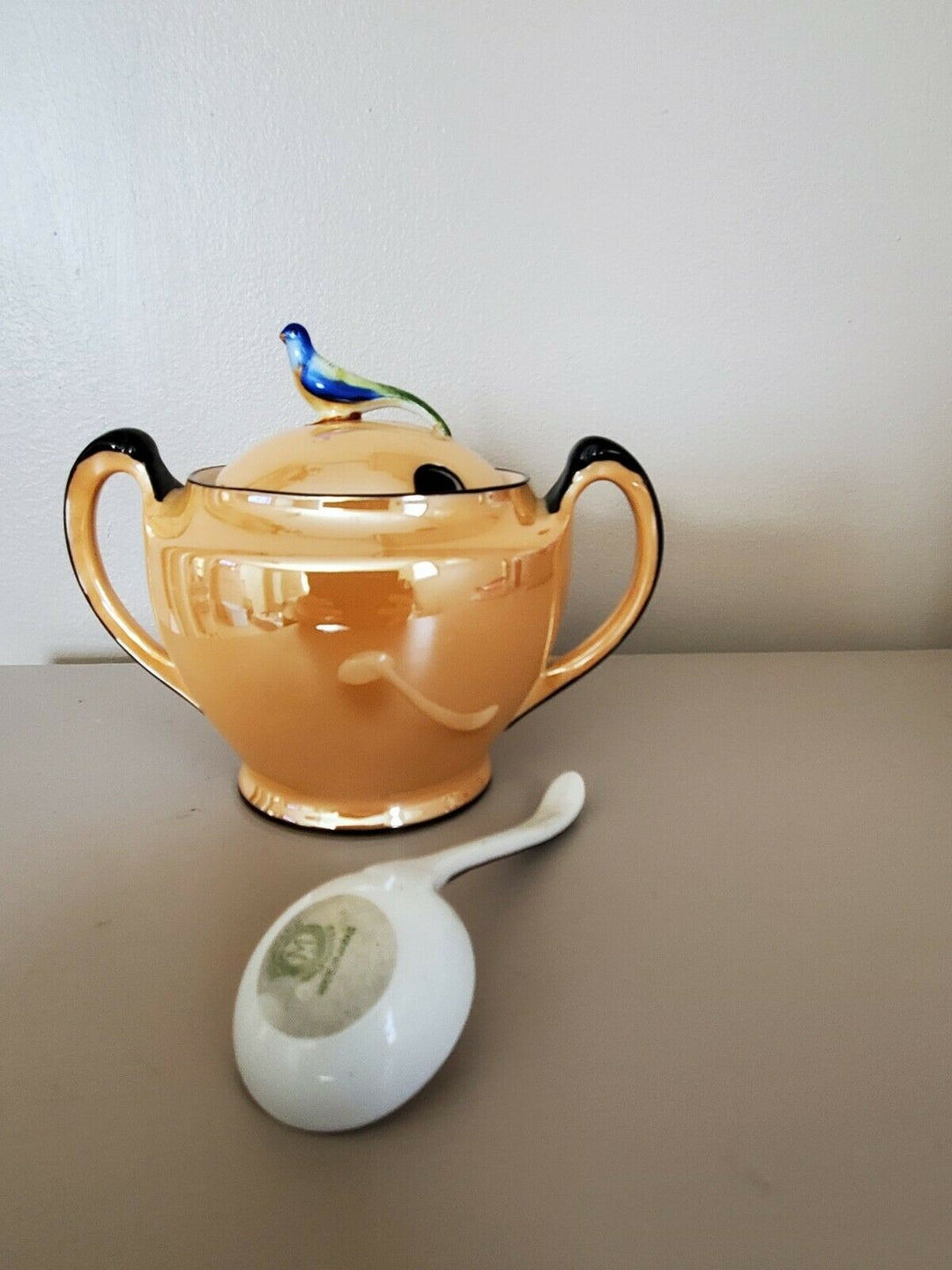 *RARE* Noritake Peach Lustre Bird Finial Sugar Bowl & Original Porcelain Spoon!