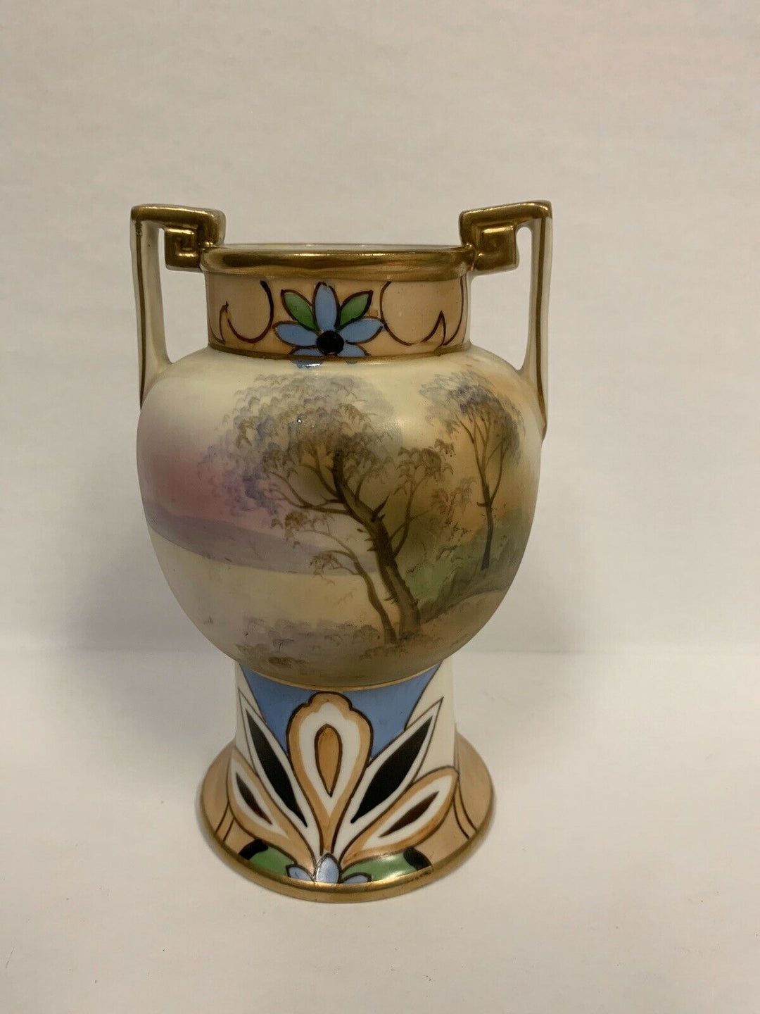 Vintage Nippon Art Deco Vase Hand Painted Morimura Bros Lake w Lotus Tree 6”