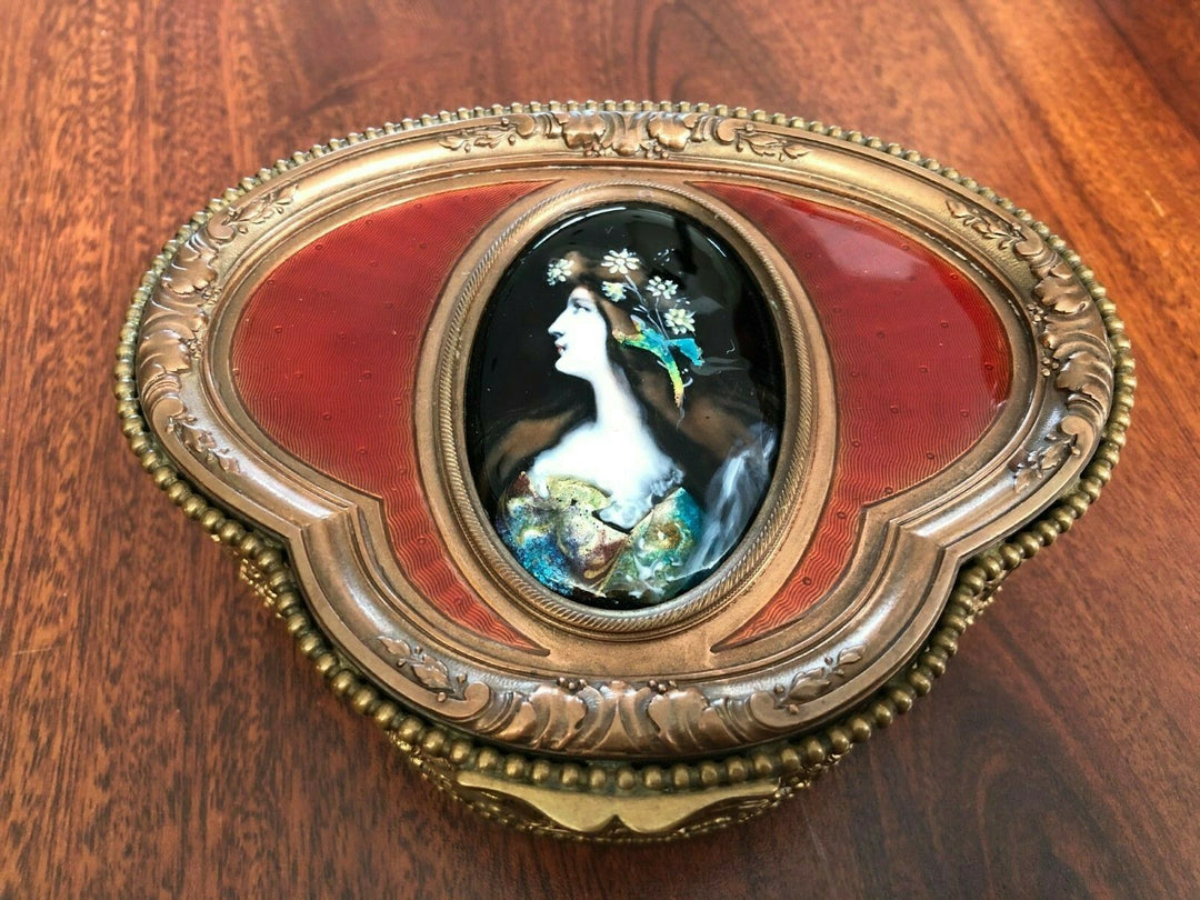 ANTIQUE FRENCH HINGED BRONZE BOX WITH LIMOGE HAND PAINTED ENAMEL