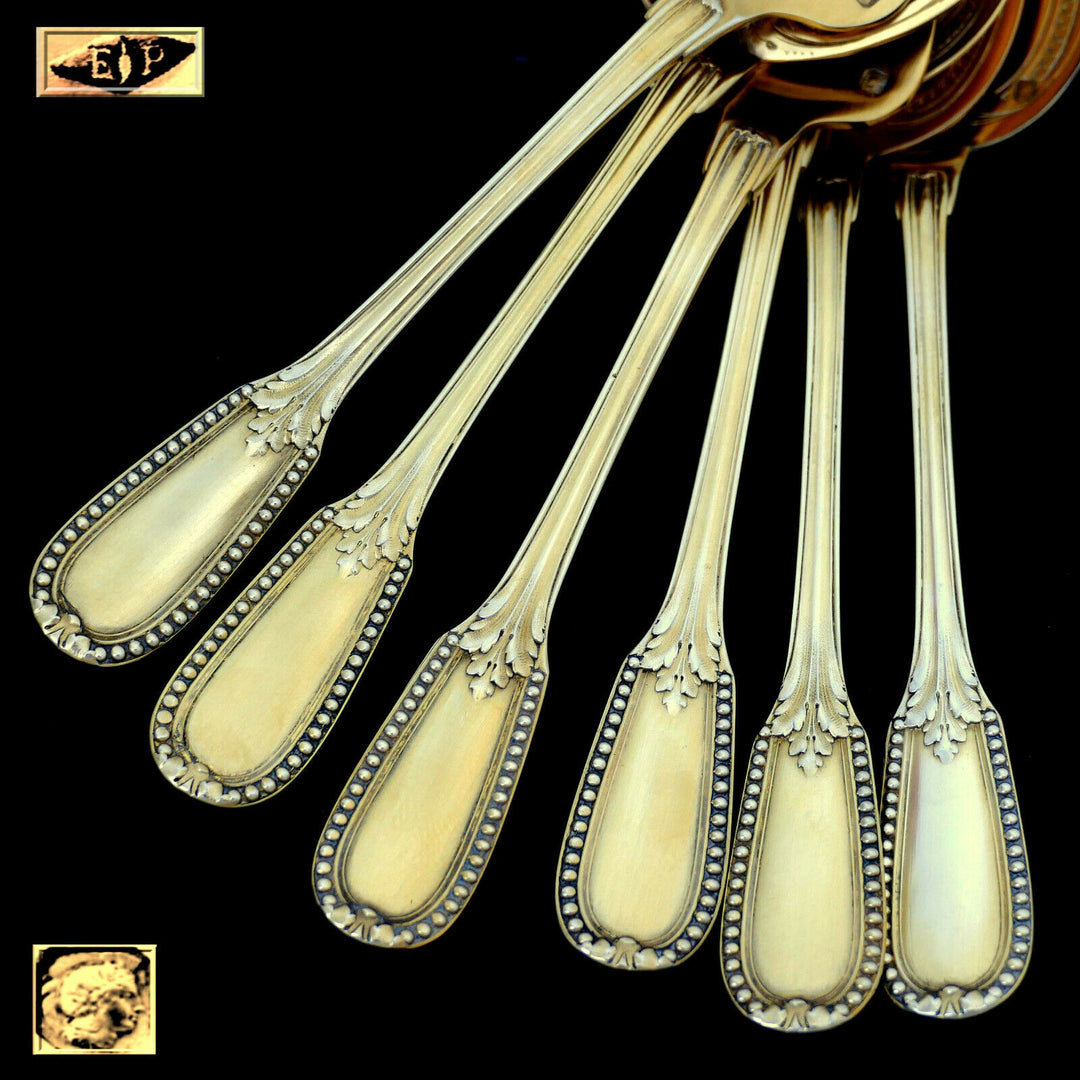 Puiforcat French Sterling Silver 18k Gold Dessert Hors D'oeuvre Set 6 Pc, Box
