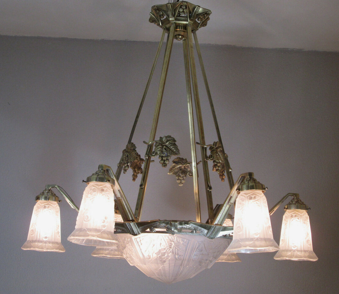 STUNNING FRENCH ART DECO CHANDELIER 1925 - BRONZE - SIGNED: P. MAYNADIER