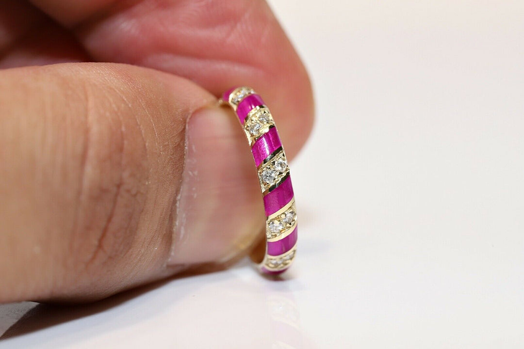 オリジナル 14K ナチュラルダイヤモンドとエナメルのリング