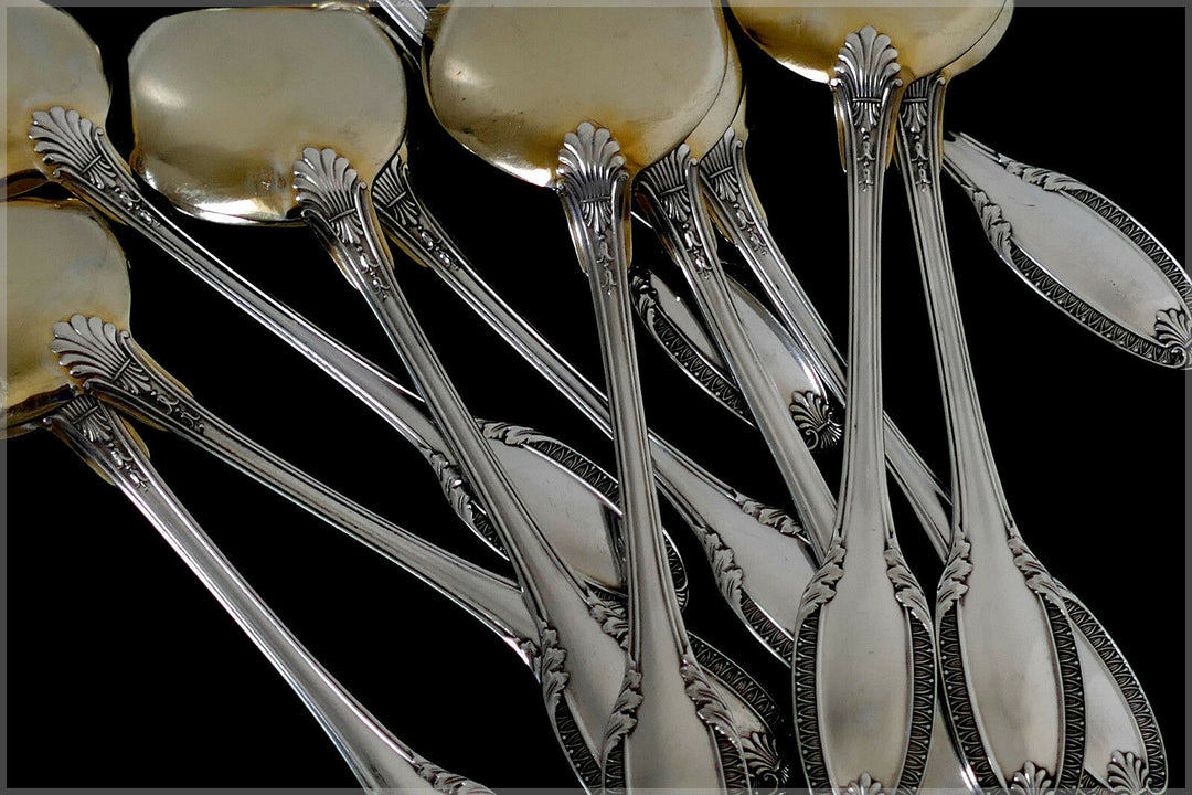 Puiforcat French Sterling Silver 18k Gold Ice Cream Spoons set 12 pc Palmette