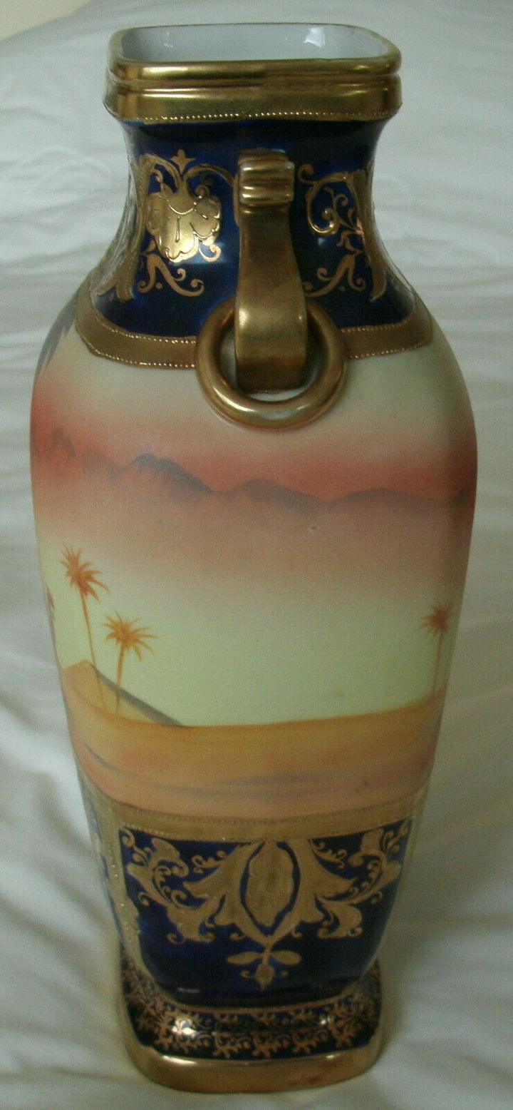 A Stunning Gold Encrusted Noritake Desert Scene Camel Pattern Large 12 in Vase