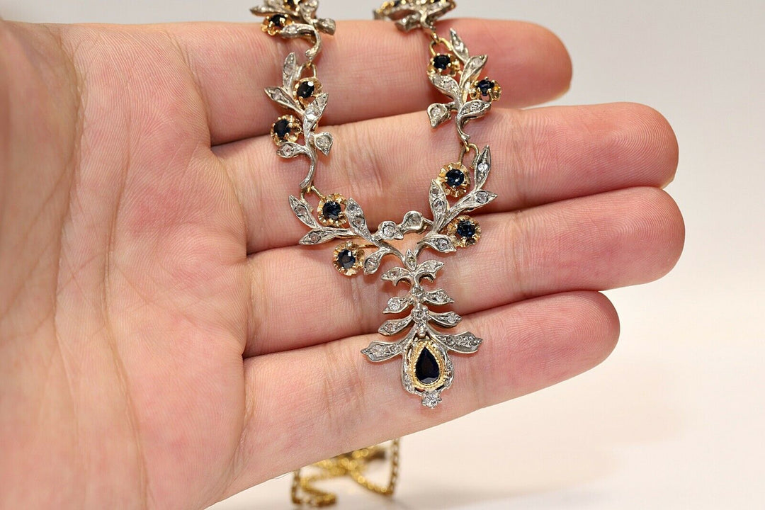ヴィンテージ 18K ゴールド、シルバー、ローズカットダイヤモンド、サファイアのネックレス