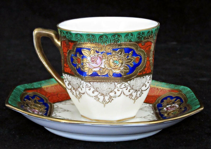 オールドノリタケ　カップ＆ソーサーセット　ローズ　金縁　八角形　アールデコ