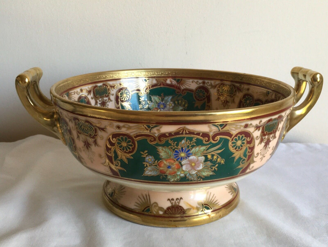 Vintage Art Deco Noritake Porcelain Flowers & Gold Gilded 2 Handled Footed Bowl
