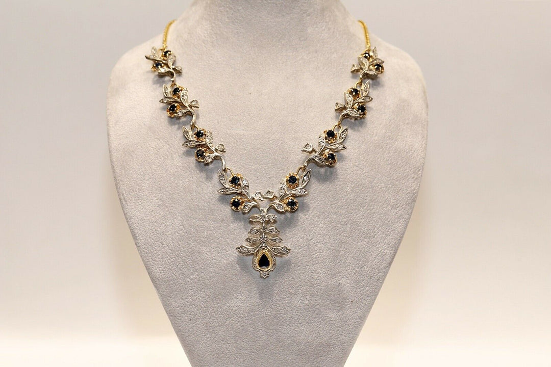 ヴィンテージ 18K ゴールド、シルバー、ローズカットダイヤモンド、サファイアのネックレス