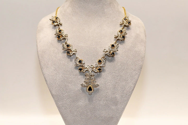 ヴィンテージ 18K ゴールド、シルバー、ローズカットダイヤモンド、サファイアのネックレス