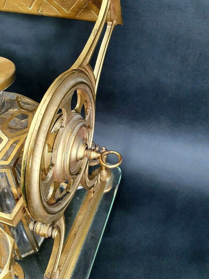 RARE ANTIQUE BACCARAT TANTALUS SIGNED FRENCH GILT BRONZE LIQUOR BOX CAVE LIQUEUR