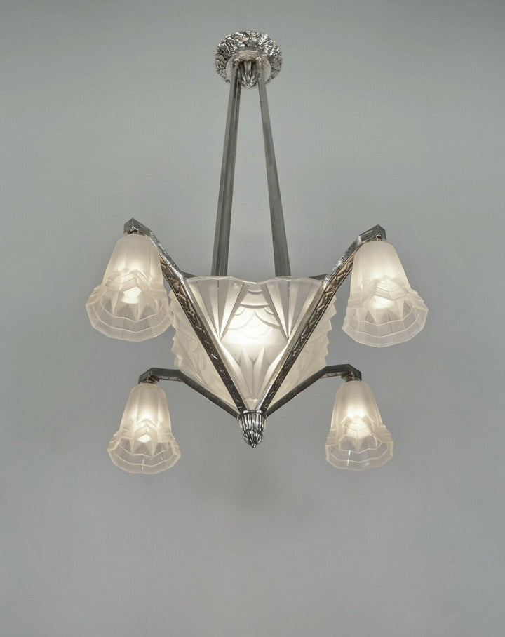 DEGUE: signed FRENCH 1930 ART DECO CHANDELIER ... bronze lustre lamp muller era