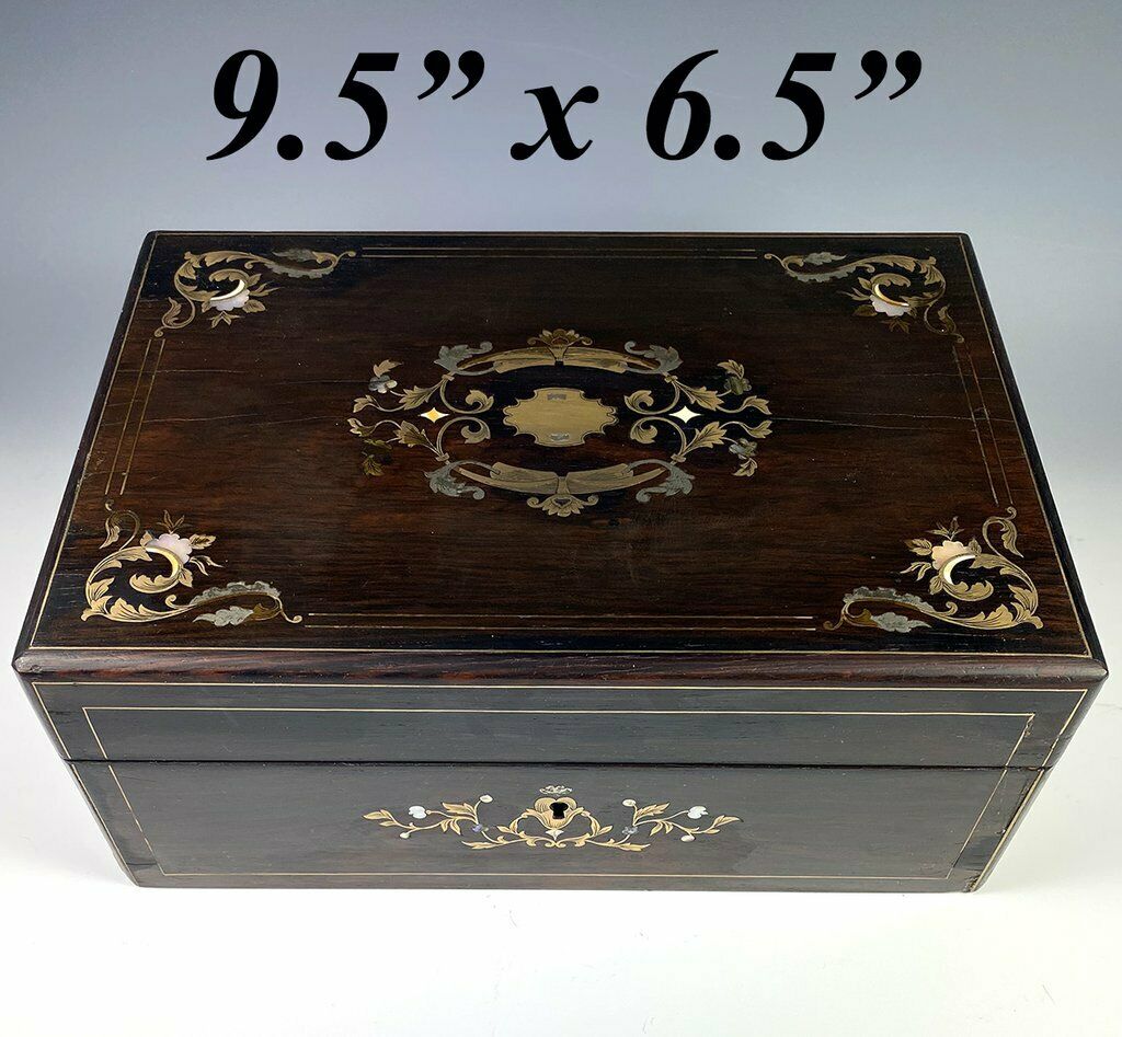 Antique French Boulle Rosewood Jewelry Box, Casket, Mother of Pearl Silver Inlay