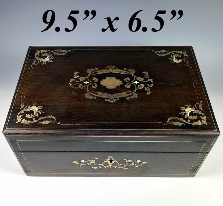 Antique French Boulle Rosewood Jewelry Box, Casket, Mother of Pearl Silver Inlay