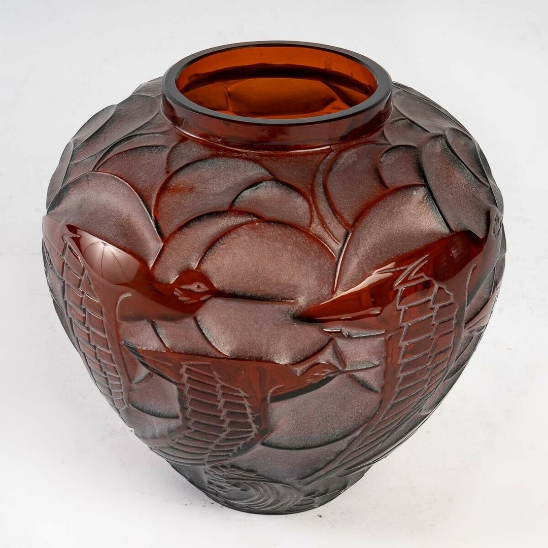 Vase Courlis René Lalique Ambre Patiné Blanc R.Lalique Amber Glass White Patina