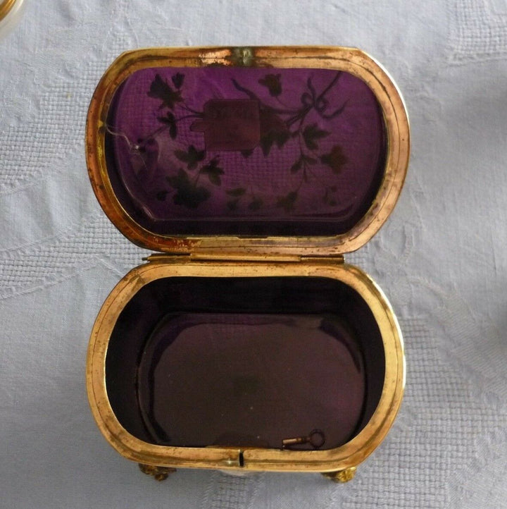Antique Huge French Glass Casket Trinket Box Hand Enameled 1840 Circa Amethyst