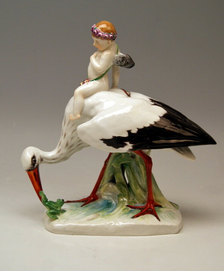 MEISSEN マイセン FIGUR STORCH FROSCH AMORETTE M. WIEGAND STORK FROG CUPID MNR:Y171