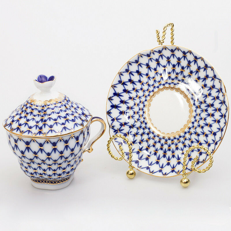 インペリアルポーセリン　蓋つきティーカップ＆ソーサーセット　コバルトネット