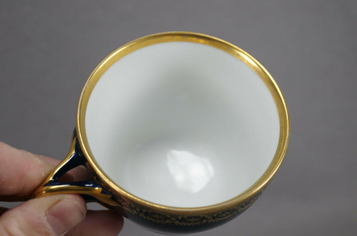 KPM Berlin Hand Painted Floral Cobalt & Gold Entwined Handle Tea Cup & Saucer C
