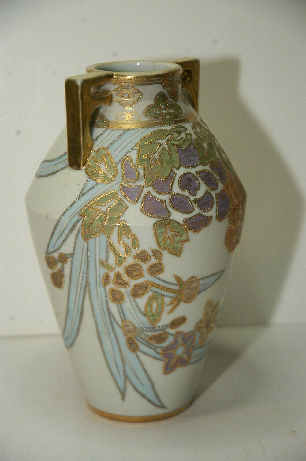 Noritake Nippon Morimura Two Handled Hand Painted Gilded Floral Vase 7.75" tall