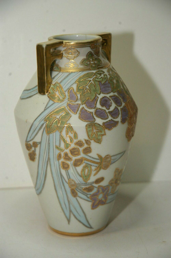 Noritake Nippon Morimura Two Handled Hand Painted Gilded Floral Vase 7.75" tall