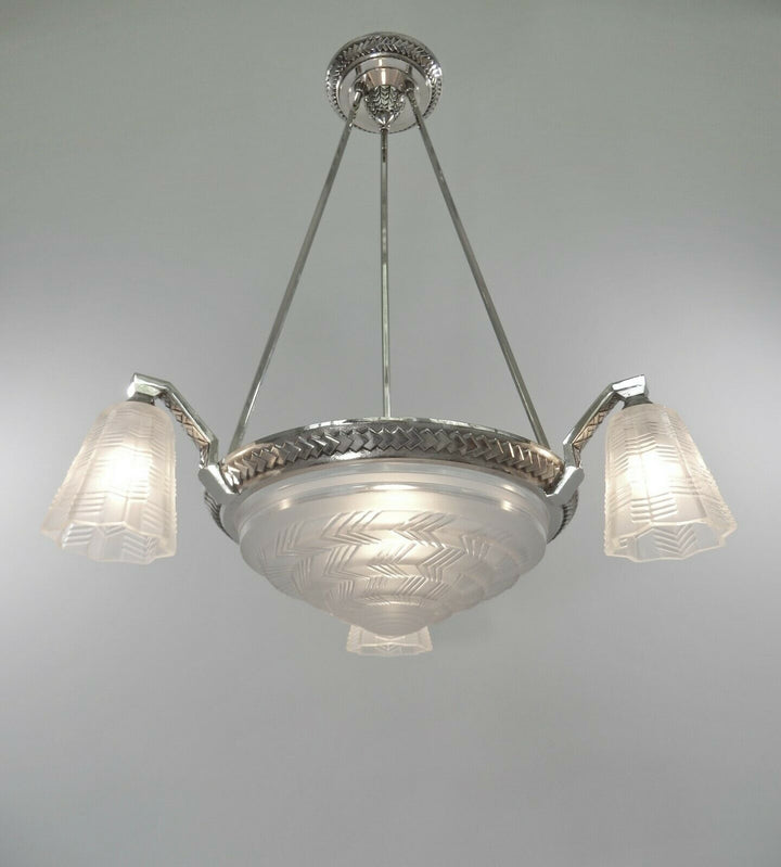 PETITOT : LARGE FRENCH 1930 ART DECO CHANDELIER ...... lustre bronze muller era