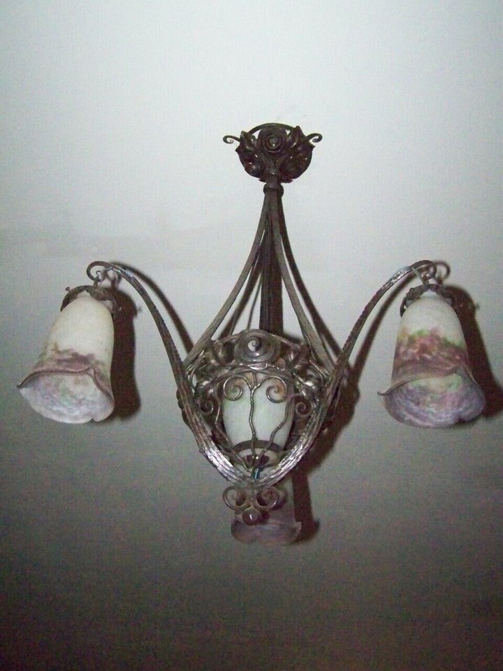 Suspension d'époque Art Nouveau pate de verre colorée signé MULLER frères Lunev
