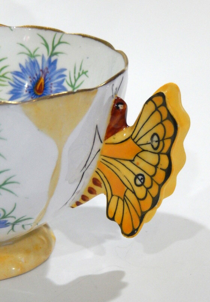 Rare 1930s Aynsley BUTTERFLY HANDLE CORNFLOWER CUP & SAUCER Hand painted Details