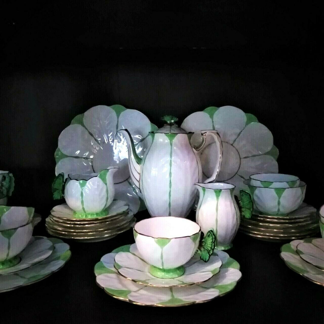 RARE Green & White Aynsley Butterfly handle Art Deco Teacup Saucer Side Plate