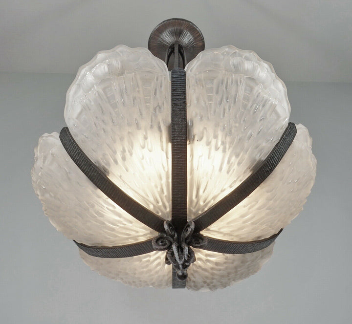 LOUIS RAVAUD : LARGE 1930 FRENCH ART DECO CHANDELIER . wrought iron muller era