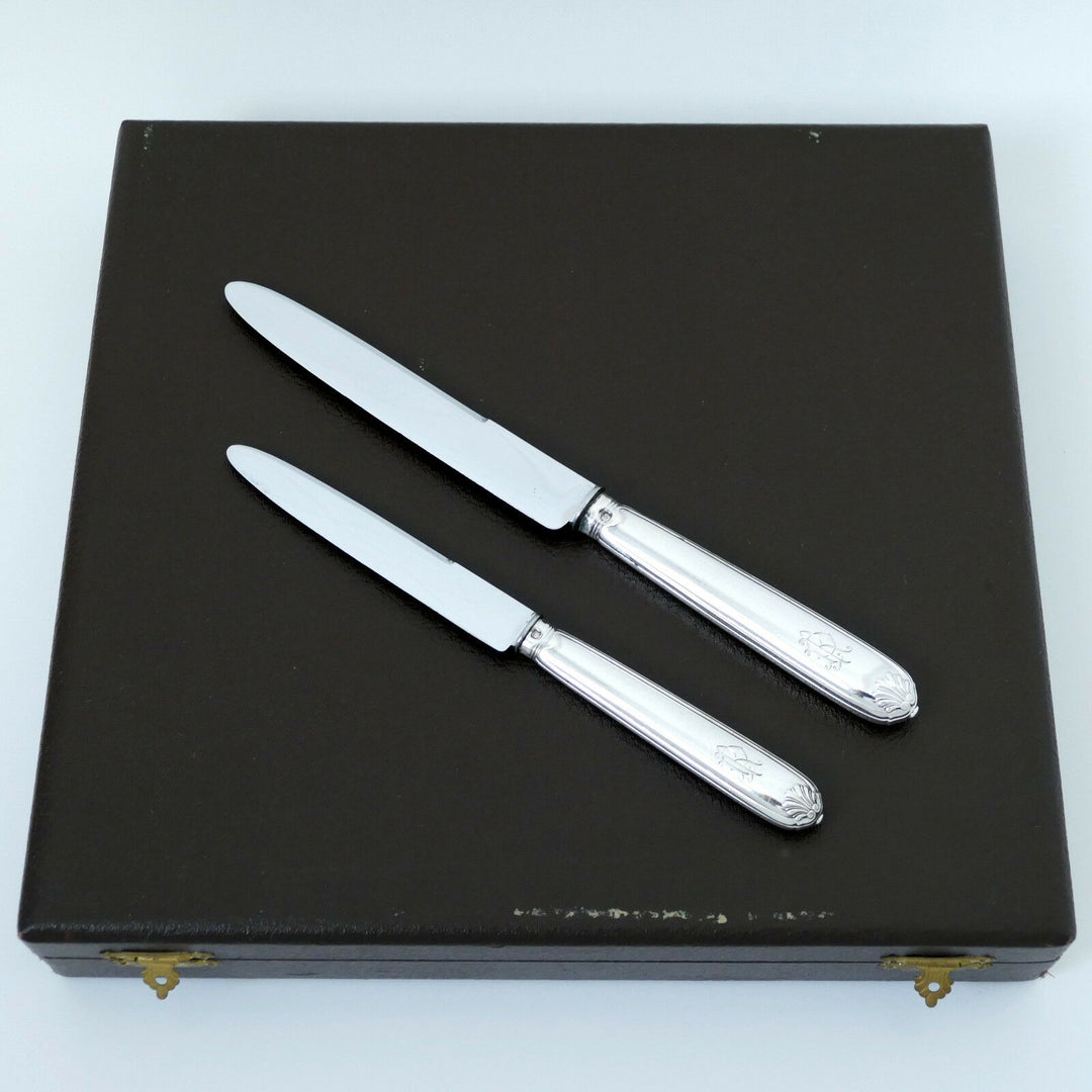 Puiforcat French Sterling Silver Dinner Dessert Knife Set 24 Pc, box, Shell