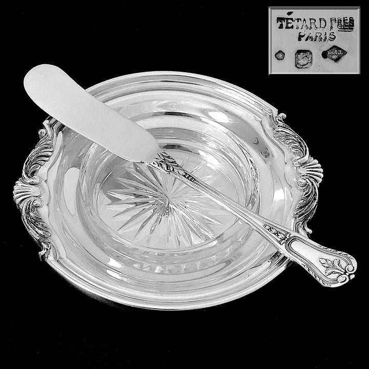 Tetard Rare French Sterling Silver Crystal Caviar Cups with Spreaders 12 Pc
