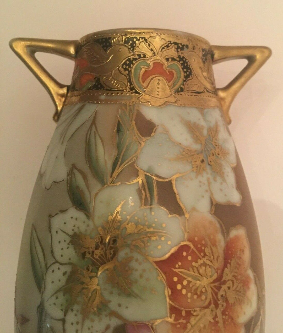 Antique Nippon Handled Hand Painted Brown Tiger Lilly Encrusted Porcelain Vase