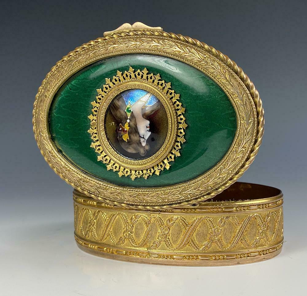Antique French Kiln-fired Enamel Portrait Jewelry Box, Casket, 4 5/8" Dore Bronz