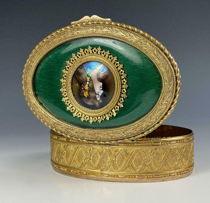 Antique French Kiln-fired Enamel Portrait Jewelry Box, Casket, 4 5/8" Dore Bronz