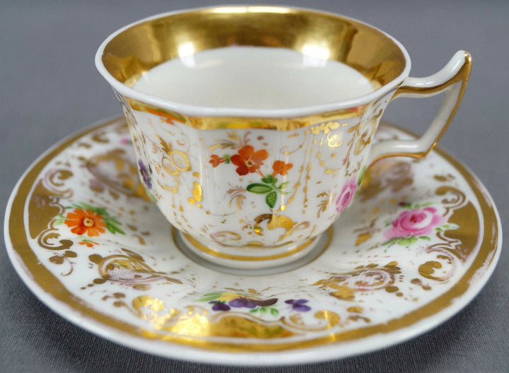 KPM Berlin Hand Painted Multicolor Floral & Gold Demitasse Cup & Saucer C. 1840s