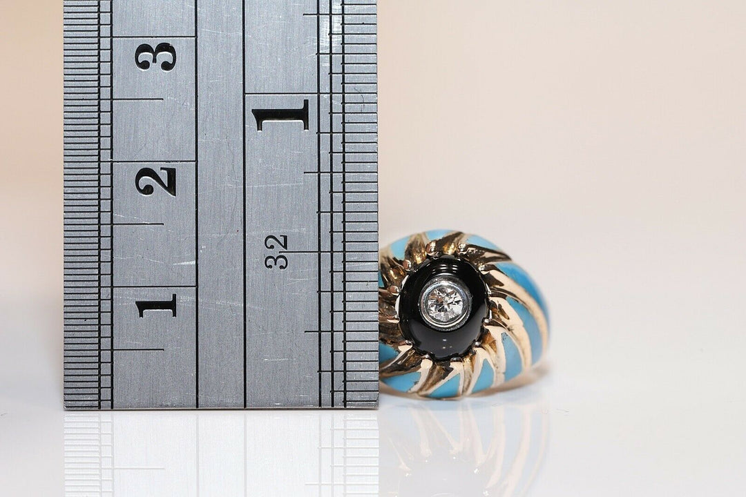 オールド 14K ナチュラルダイヤモンド、オニキス、エナメルのリング