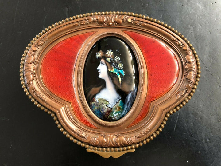 ANTIQUE FRENCH HINGED BRONZE BOX WITH LIMOGE HAND PAINTED ENAMEL