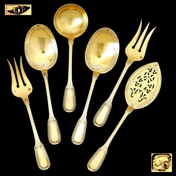Puiforcat French Sterling Silver 18k Gold Dessert Hors D'oeuvre Set 6 Pc, Box